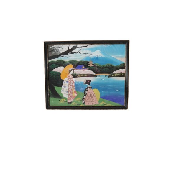 Vintage Japanese Mount Fuji Painting On Silk Geisha Pagoda Cherry Framed - Picture 3 of 8